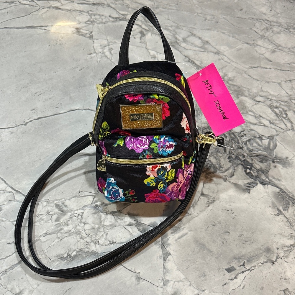 NWT! Betsey Johnson Velvet Black and Multicolor Floral Covertible Backpack - Picture 2 of 14